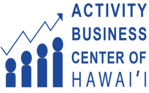 A vertical arrow with stick figures of increasing height and the text 'Activity Business Center of Hawaii' written in blue at the bottom of the arrow